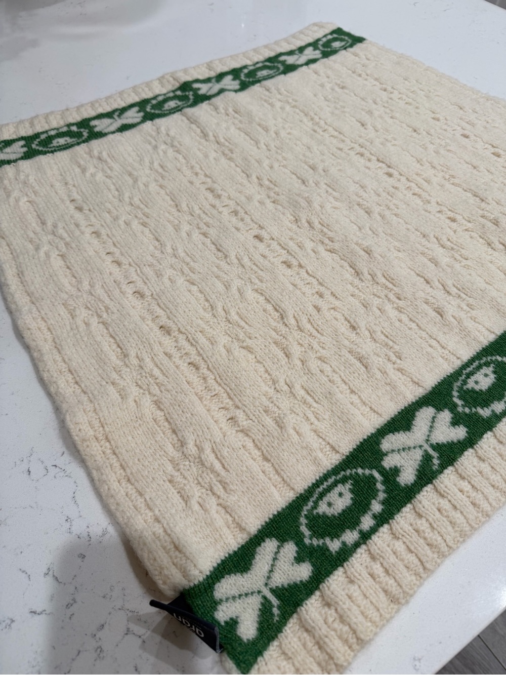 Cream Cable Knit with Green Ikat Trim Aran Wool small throw blanket baby